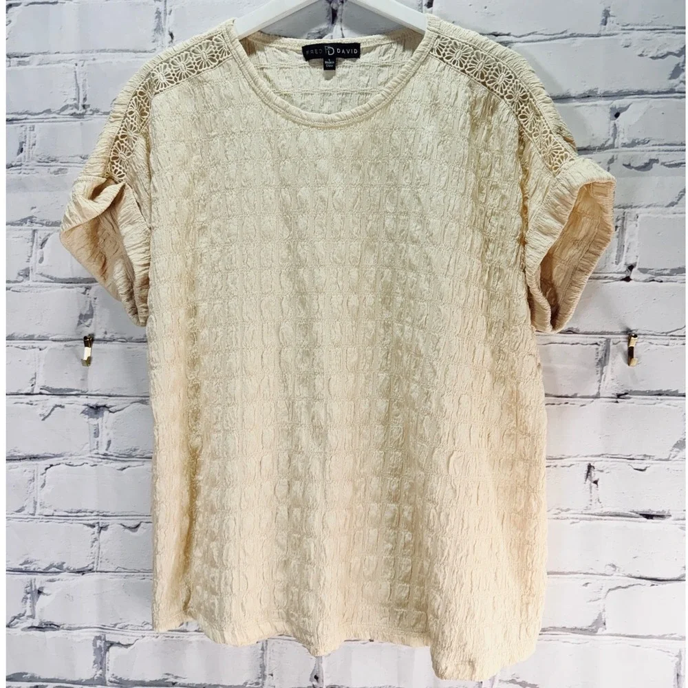 Fred David Textured Knit Top Women L Cream Boho Crochet Lace Short Sleeve Summer